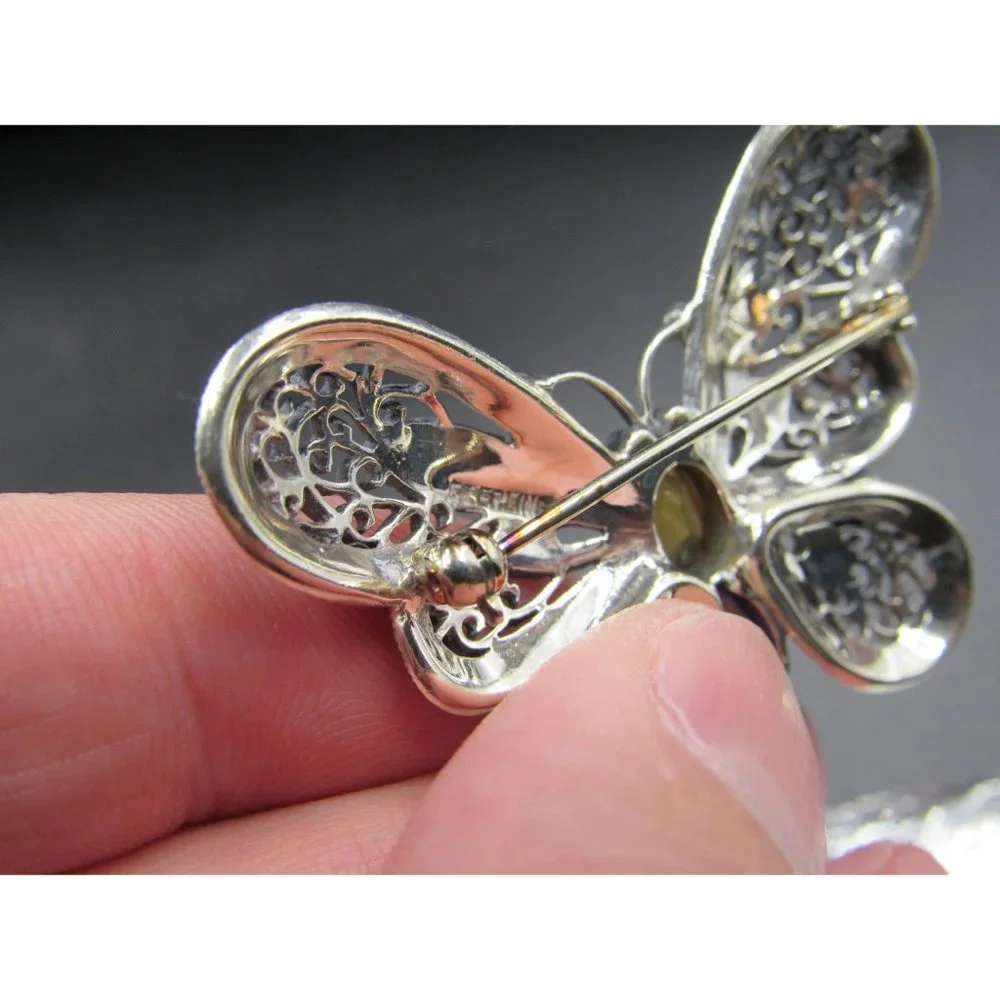 Sterling Silver Citrine Amethyst Marcasite Butterfly Pin Brooch - Picture 5 of 7